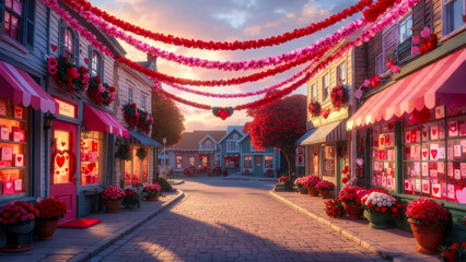 Fototapeta premium Charming street decorated for Valentine's Day in a quaint town at sunset, featuring heart-shaped ornaments and shops adorned with romantic themes