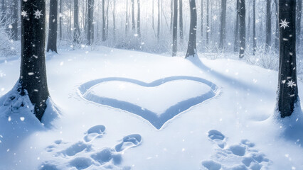 Heart shape in snow surrounded by tall trees under soft winter light creates a romantic atmosphere in a serene forest scene during a snowy day