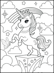 Illustration of a cute unicorn cartoon character. Black and white Printable Unicorn coloring page for kids.