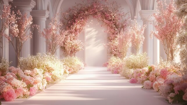 A romantic floral pathway adorned with soft pink blooms and ethereal arches, creating a dreamy, enchanting atmosphere.