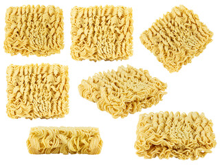 Set of raw instant noodles, noodle briquette isolated from background