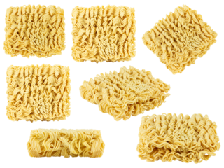 Set of raw instant noodles, noodle briquette isolated from background