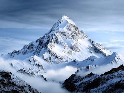 A snow covered mountain with a cloudy sky in the background