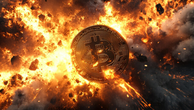 Bitcoin coin surrounded by explosion of fire and debris, symbolizing volatility and excitement in cryptocurrency markets. striking visual representation of digital currency