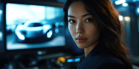 Elegant Woman with Car Advertisement