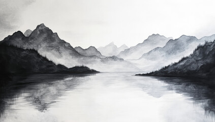 serene black and white landscape featuring mountains and calm lake, reflecting tranquil scenery. misty atmosphere enhances peaceful ambiance of nature