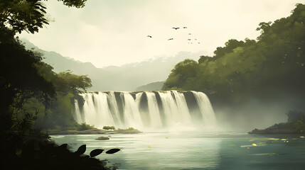 Fototapeta premium Serene waterfall cascading into a tranquil pool, surrounded by lush greenery and misty mountains. A breathtaking view of nature's beauty.