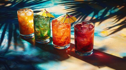 Colorful tropical cocktails with umbrellas, set on a vibrant beach table, palm shadows cast on the sand, evoking a refreshing vacation vibe.