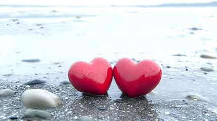 Obraz premium Two red hearts on the beach. Love. Two red hearts on the beach symbolizing love, Valentine s Day, Generative ai
