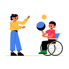 Boy In A Wheelchair Playing Catch With A Girl In Flat Vector Illustration Symbolizing Friendship, Inclusivity, And Play, Isolated On White Background
