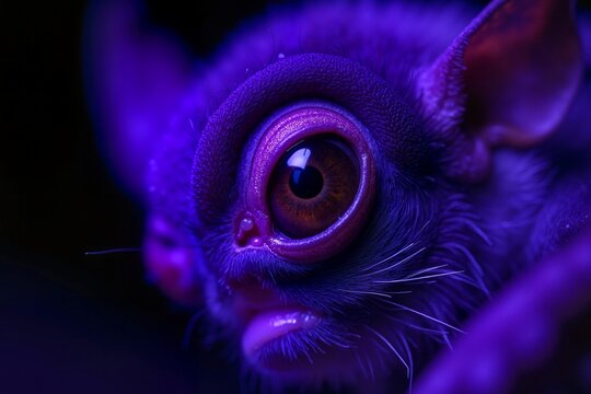 Ultraviolet close-up of a bat's eye glowing eerily under UV light, showcasing intricate details, surreal beauty, and symbolism of the unseen.