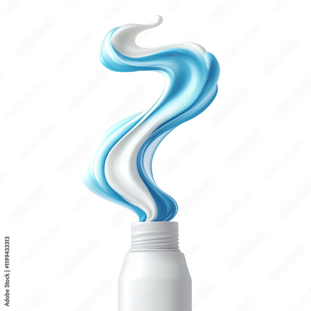 Poster a white bottle with a dynamic swirl of blue and white cream emerging from its opening. the image is 