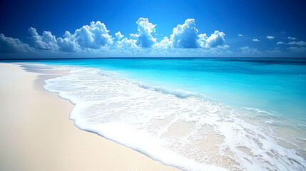 Stunning Tropical Beach: Azure Ocean, White Sand, and Fluffy Clouds. A Perfect Getaway!