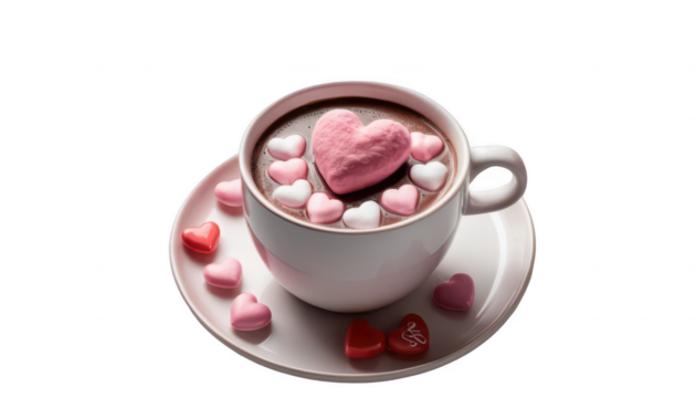 A heart-shaped pink marshmallow floating in a cup of hot chocolate, surrounded by love notes, small heart-shaped candies, and a cozy knit blanket, on a white transparent background PNG.