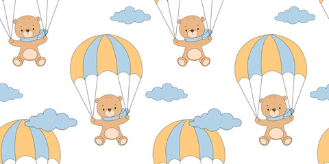 Seamless pattern with cute bear with parachute on white. Childish allover background, funny animal for kids