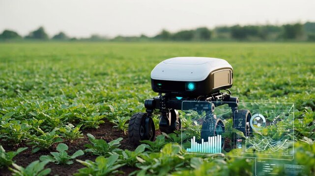 An agronomic robot that uses artificial intelligence to monitor crops. Around it are digital elements such as graphs, charts and data analysis
