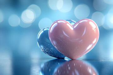 Fototapeta premium Two glossy hearts, blue bokeh, reflection, romance