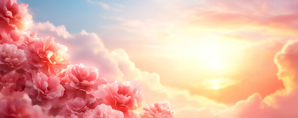 Fototapeta premium beautiful pink floral background with soft clouds and glowing sunset creates romantic and dreamy atmosphere. Perfect for various design projects