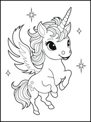 Illustration of a cute unicorn cartoon character. Black and white Printable Unicorn coloring page for kids.