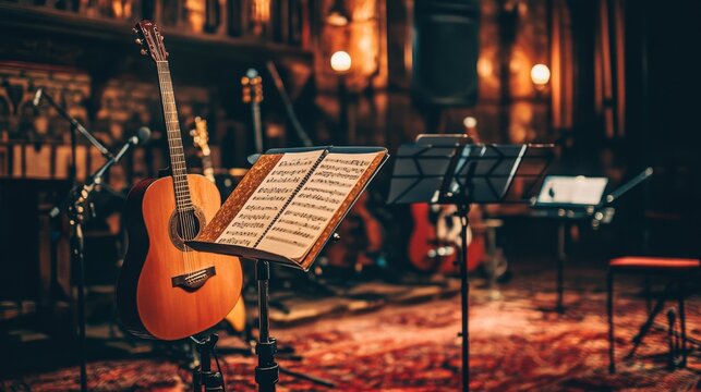 A musician's setup with a guitar, music stand, and sheet music in a rehearsal space.