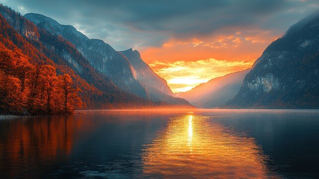 Autumn sunrise over misty lake in mountain valley.