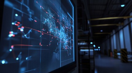Obraz premium An image of a digital screen displaying a simplified mapping of supply routes pinpointing local suppliers and their direct connections to a nearby manufacturing facility.