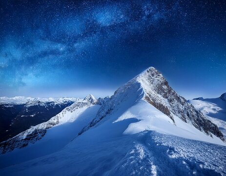 Majestic Night Sky Over Snowy Mountain Peaks: A breathtaking panoramic view of snow-capped mountain peaks under a vibrant night sky filled with stars and the Milky Way.
