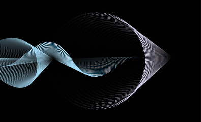 An abstract vector illustration, moving dots forming wave patterns on a black background, the design symbolizes technology, sound, and music.