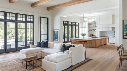 Fototapeta premium A neutral-toned sofa with a chaise lounge in a modern, open-concept living room.