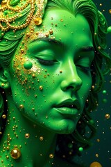A surreal portrait of a woman with green paint and golden accents, exuding artistry.