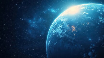 Obraz premium A stunning view of Earth from space, illuminated by sunlight, surrounded by a vast expanse of stars and cosmic elements, showcasing the beauty of our planet.