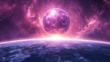 A vibrant cosmic landscape featuring a purple celestial body rising above a distant planet, surrounded by swirling clouds of stardust.