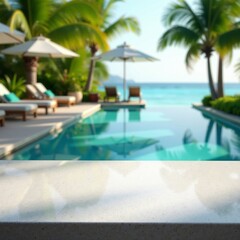 Fototapeta premium A tranquil poolside view, surrounded by palm trees and sun loungers, perfect for relaxation.
