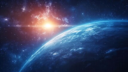 Fototapeta premium A stunning cosmic scene showcasing Earth from space, illuminated by a vibrant sunrise against a backdrop of stars and nebulae.