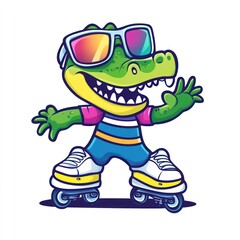 Cartoon crocodile on roller skates with colorful sunglasses on white background