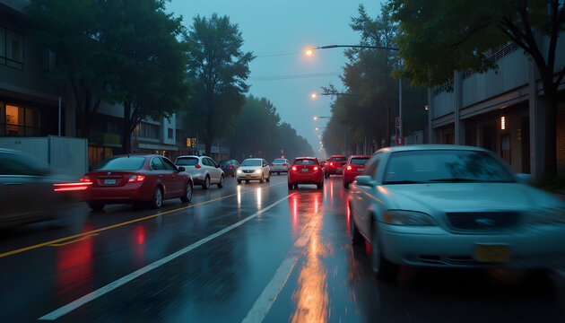 Dynamic shot of moving cars in the rain using slower shutter speed for blurred motion with focused raindrops 

