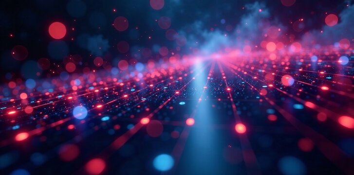 A vibrant array of glowing dots and lights creating a dynamic digital landscape.