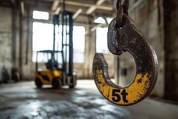 A yellow and black lifting hook with the number "5t" on it is suspended in an industrial warehouse