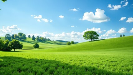Obraz premium A serene landscape featuring lush, verdant fields stretching towards a gentle hillside dotted with a solitary tree. Above, a bright azure sky adorned with fluffy white cumulus clouds adds to the tranq