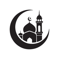 Simple silhouette of a mosque and crescent moon, perfect for Islamic celebrations, icon, logo, silhouette of mosque on white background.