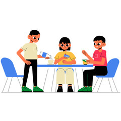 Kids Having Breakfast Together In Flat Vector Illustration Symbolizing Family Bonding, Nutrition, And Morning Routine, Isolated On White Background