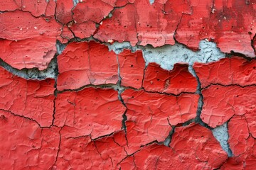 Close up of cracked and peeling red paint on a wall, revealing the underlying surface beneath