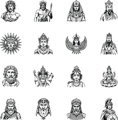 Fototapeta premium Collection of Ancient Gods Glyph Style Illustrations