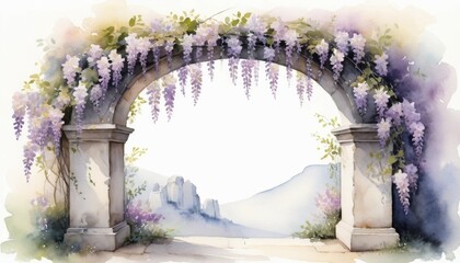 Watercolor illustration of a serene arch adorned with blooming cherry blossoms in a tranquil garden setting
