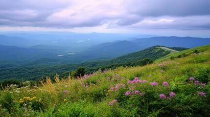 A scenic mountain road meandering through rolling hills and vibrant wildflowers.