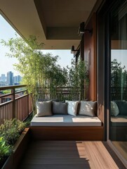 Fototapeta premium Serene Balcony Oasis with Bamboo and Modern Seating