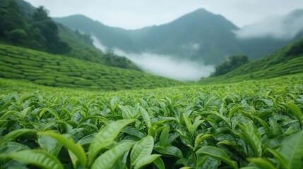 Fototapeta premium Lush green tea fields stretch towards misty mountains under a serene sky, creating a tranquil and picturesque landscape.