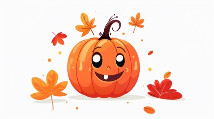 Adorable Autumn Pumpkin Character with Leaves Vector Illustration