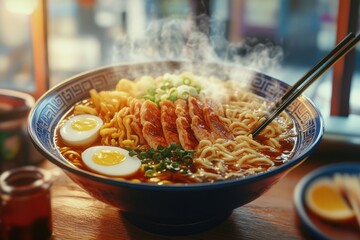 A delicious serving of Asian-style ramen noodle soup with eggs, tofu and green onions. Garnished with seaweed and soy sauce, this dish is both flavorful and hearty.