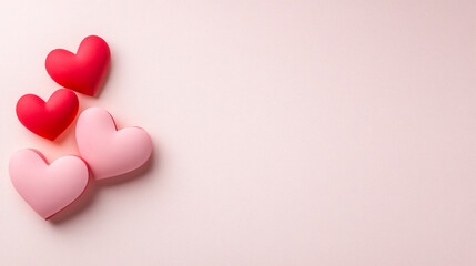 Colorful hearts in red and pink on soft pastel background create romantic and loving atmosphere, perfect for expressing affection and love